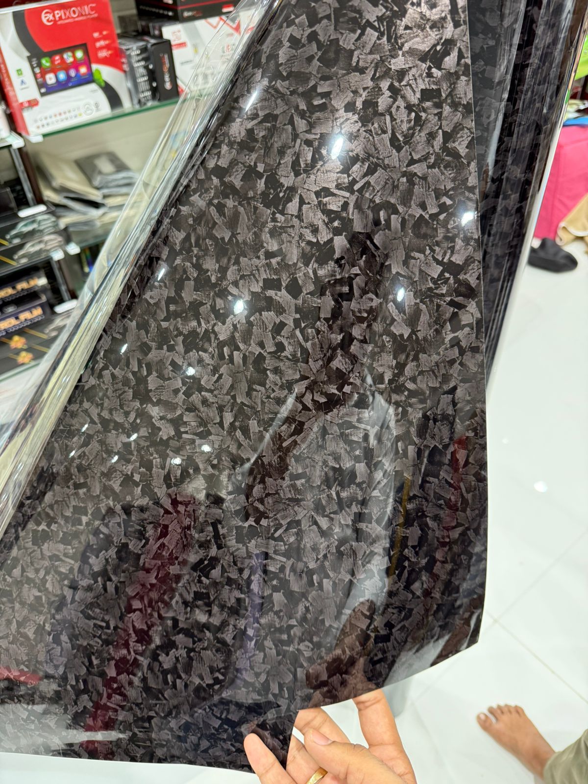 Deep black forged carbon fiber glossy wrap