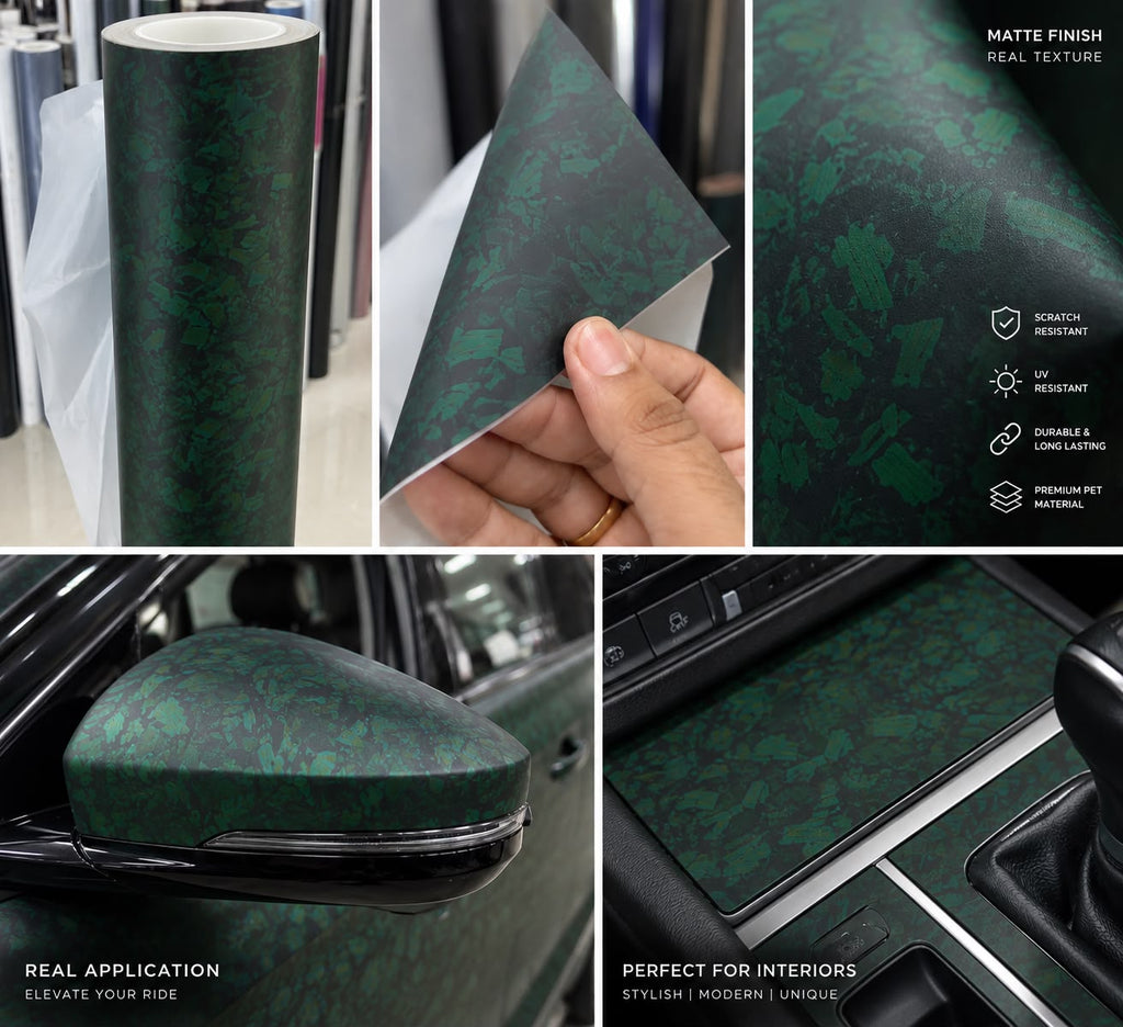 Green matte forged carbon wrapping vinyl close-up detail